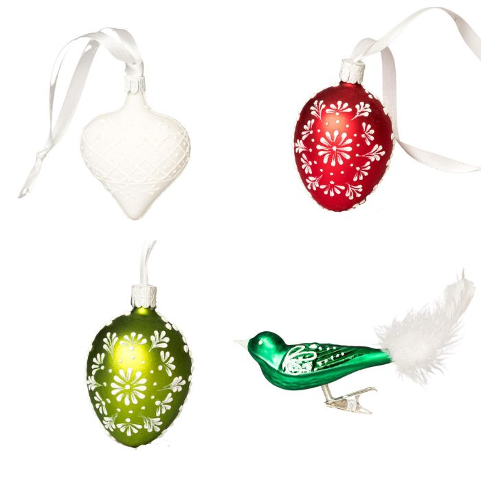 Sklenené ozdoby - Jarná sada so zeleným vtákom - Folklór 1 , 4 ks