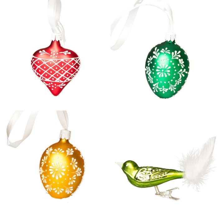 Sklenené ozdoby - Jarná sada so svetlozeleným vtákom - Folklór 2 , 4 ks