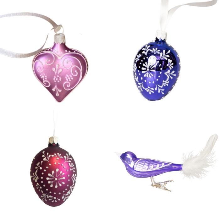 Sklenené ozdoby - Jarná sada s fialovým vtákom - Folklór 4 , 4 ks