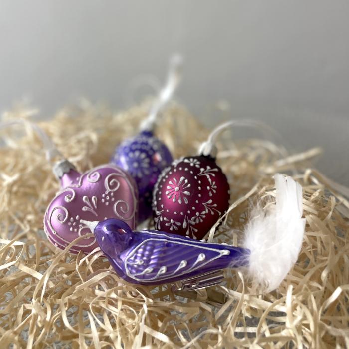 Sklenené ozdoby - Jarná sada s fialovým vtákom - Folklór 4 , 4 ks