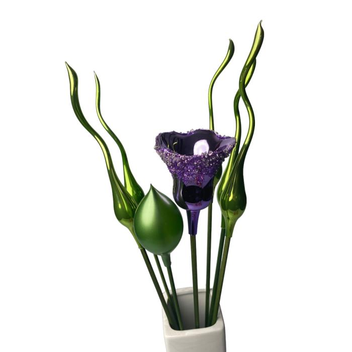 Sklenená fúkaná ozdoba tulipán fialový porcelán, 1 kus