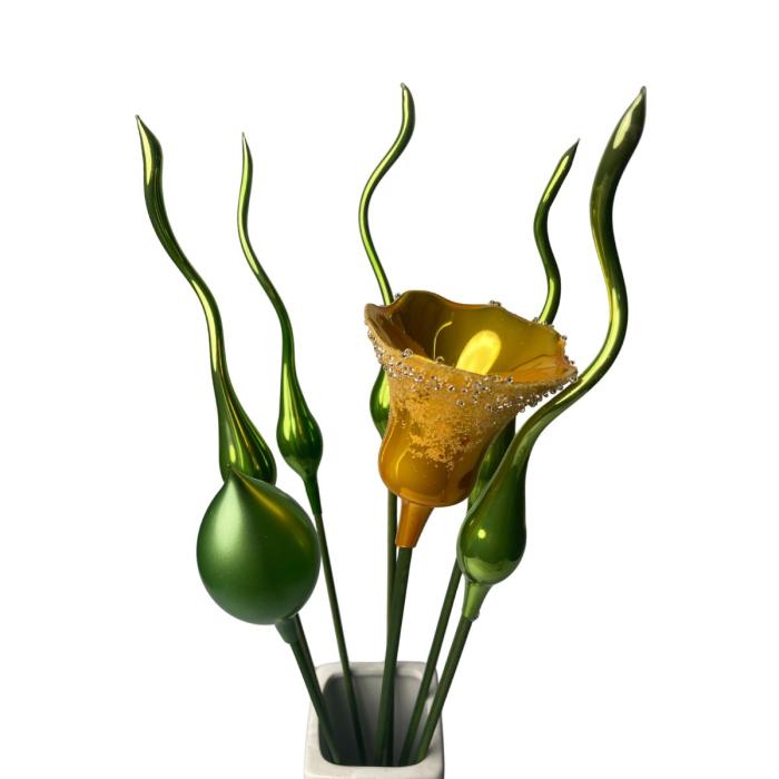 Sklenený fúkaný ornament tulipán žltý porcelán, 1 kus