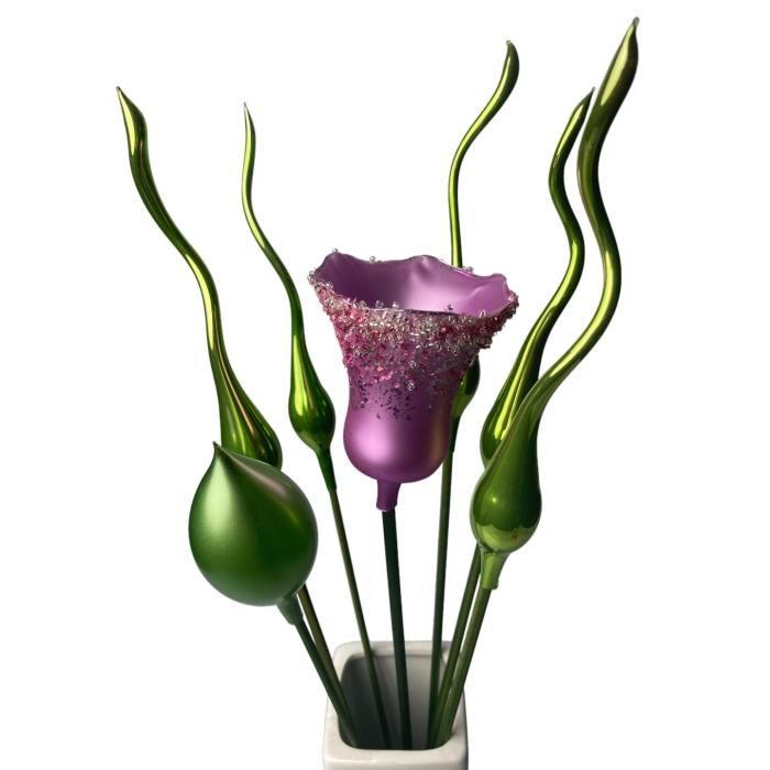 Sklenená fúkaná ozdoba tulipán lila, 1 ks