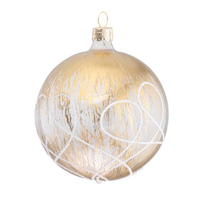 Sklenené vianočné ozdoby bielo-zlatá sada - srdce, Santa, oliva a guľa s bronzom, 12 ks