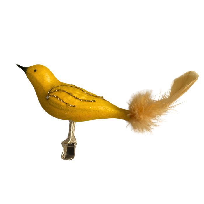Sklenená ozdoba Semišový vták žltý, 1 kus