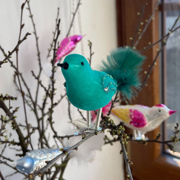 Sklenená ozdoba Suede bird blue, 1 kus