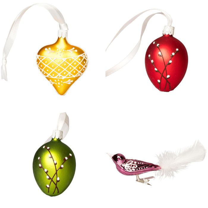 Sklenené ozdoby - jarná súprava Mačka s vtákom a žltým srdcom, 4 ks