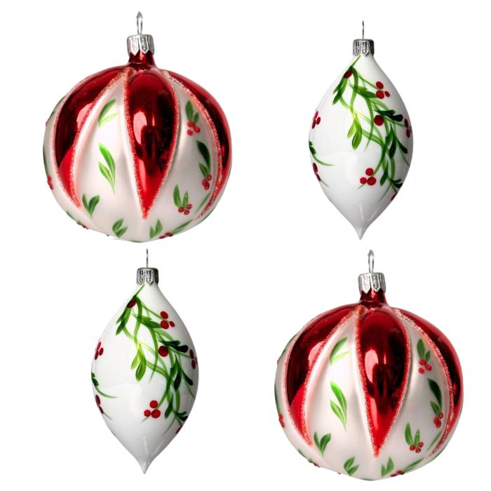 Sklenené vianočné ozdoby Holly - Olivy a púčiky, 4 ks