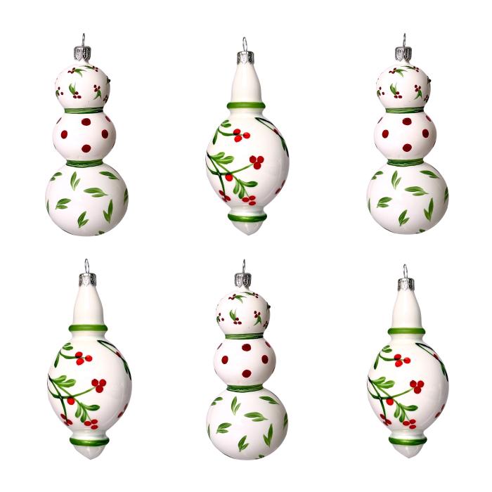 Sklenené vianočné ozdoby Holly - Podlhovasté tvary s cesmínou, 6 ks