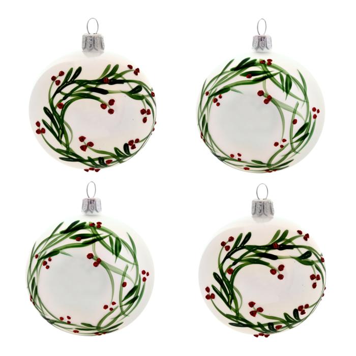 Sklenené vianočné ozdoby Holly - gule s dekoráciou cesmíny, 4 ks