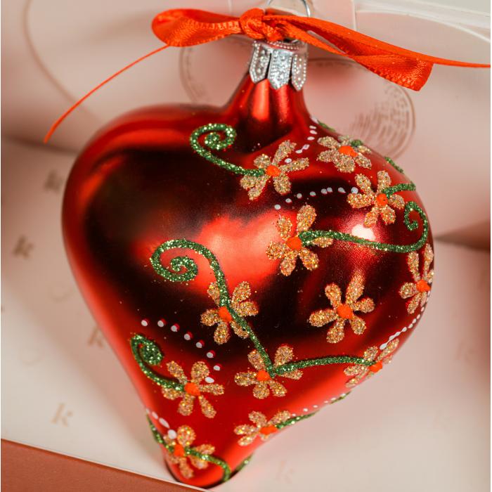 Sklenená ozdoba Srdce so zlatými kvetmi, 1 kus