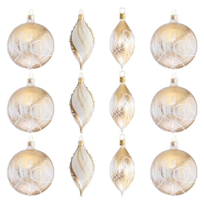 Sklenené vianočné ozdoby bielo-zlatá sada - Olivy so zlatom, gule s bronzom, 12 ks