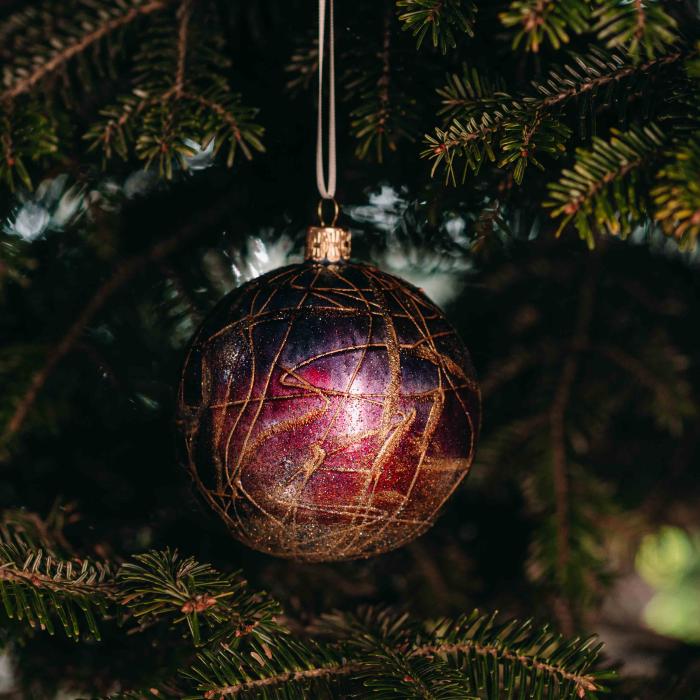 Secesná vianočná ozdoba modrá so zlatými linkami, 1 kus