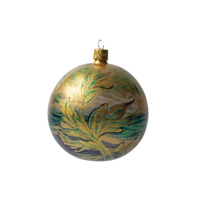 Vianočná ozdoba Secese platina s veľkým zeleným listom, 1 ks