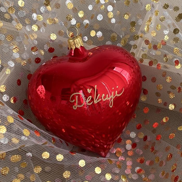 Sklenená ozdoba Veľké červené srdce s nápisom: ďakujem, 1 ks