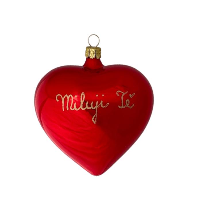 Sklenená ozdoba Veľké červené srdce s nápisom I love you, 1 ks