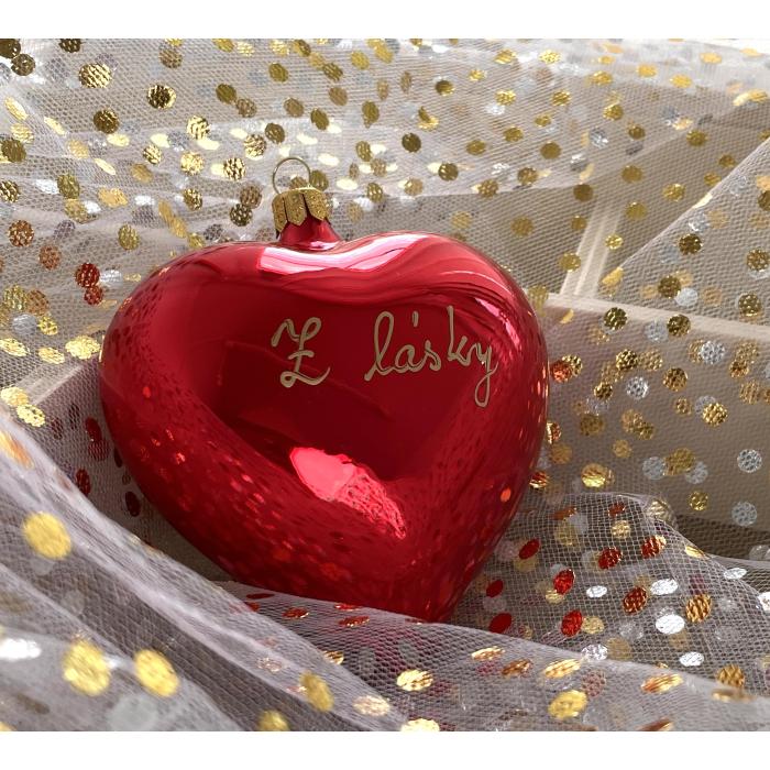 Sklenená ozdoba Veľké červené srdce s nápisom: z lásky, 1 ks