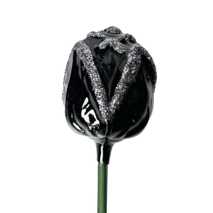 Sklenený fúkaný ornament kvet ruže čierny, 1 kus