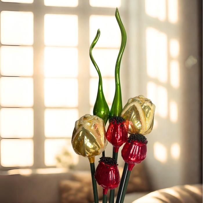 Sklenená kytica makov a ruží, 7 ks