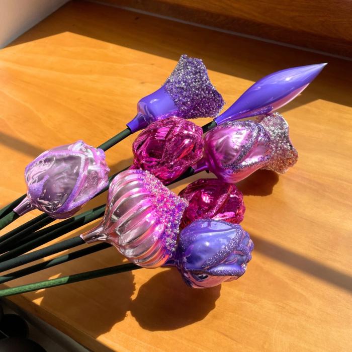 Sklenená kytica Fialová a ružová, 9 ks