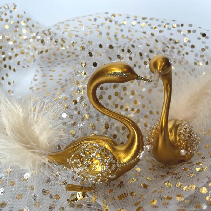 Sklenené vianočné ozdoby bielo-zlatá sada - labutí pár zlatý, 2 ks