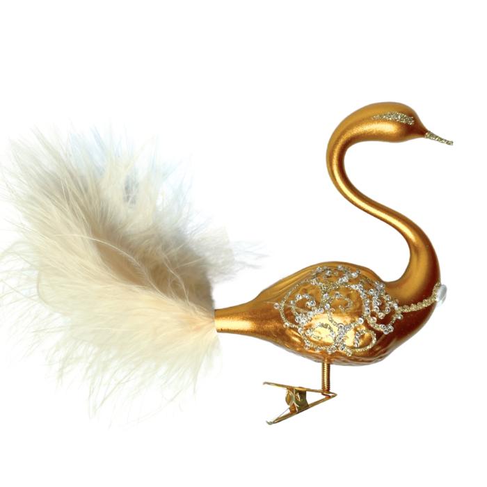 Sklenené vianočné ozdoby bielo-zlatá sada - labutí pár zlatý, 2 ks