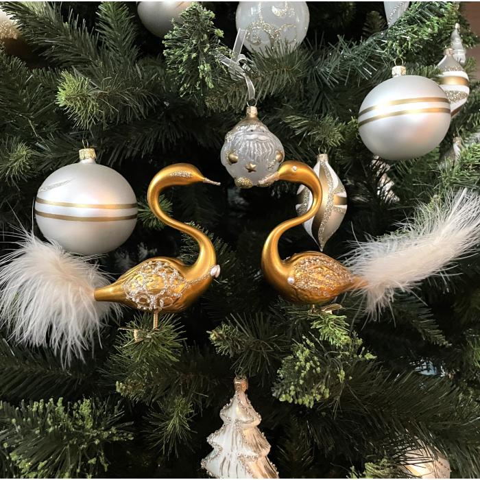 Sklenené vianočné ozdoby bielo-zlatá sada - Labutia dvojica zlatá, 2 ks