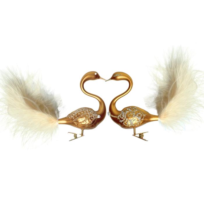 Sklenené vianočné ozdoby bielo-zlatá sada - labutí pár zlatý, 2 ks