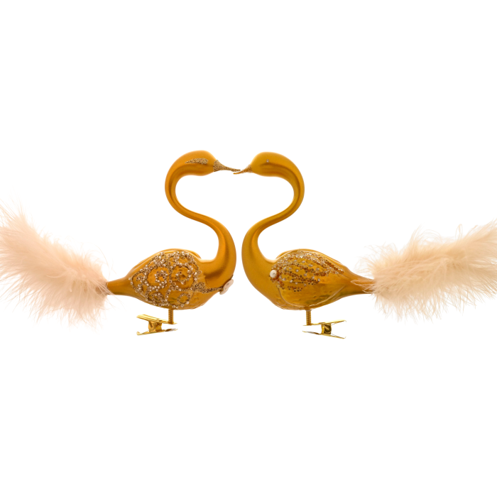 Sklenené vianočné ozdoby bielo-zlatá sada - Labutia dvojica zlatá, 2 ks