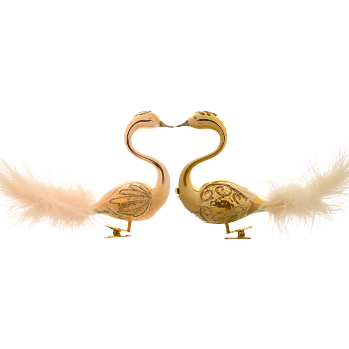 Sklenené vianočné ozdoby bielo-zlatá sada - Labutia dvojica zlatá s ozdobou na hlave, 2 ks