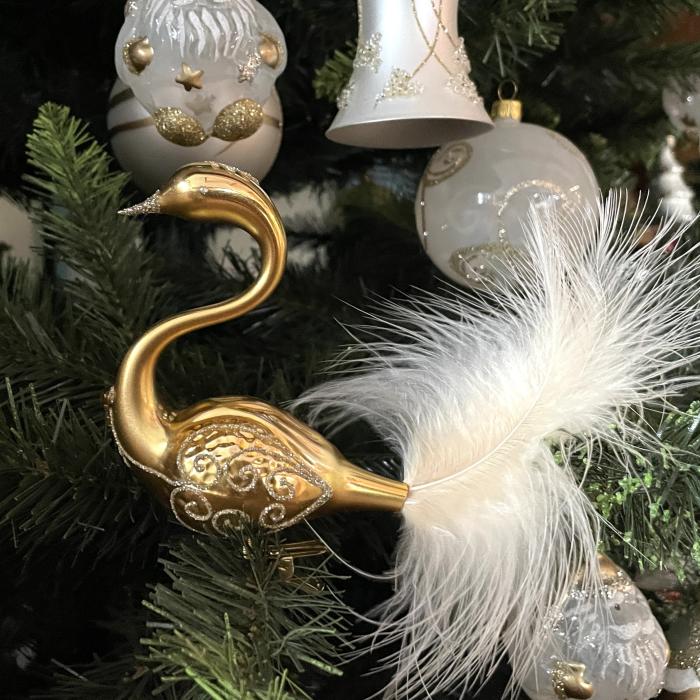 Sklenené vianočné ozdoby bielo-zlatá sada - Labutia dvojica zlatá s ozdobou na hlave, 2 ks