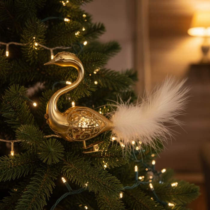 Sklenené vianočné ozdoby bielo-zlatá sada - Labutia dvojica zlatá s ozdobou na hlave, 2 ks