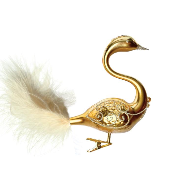 Sklenené vianočné ozdoby bielo-zlatá sada - Labutia dvojica zlatá s ozdobou na hlave, 2 ks