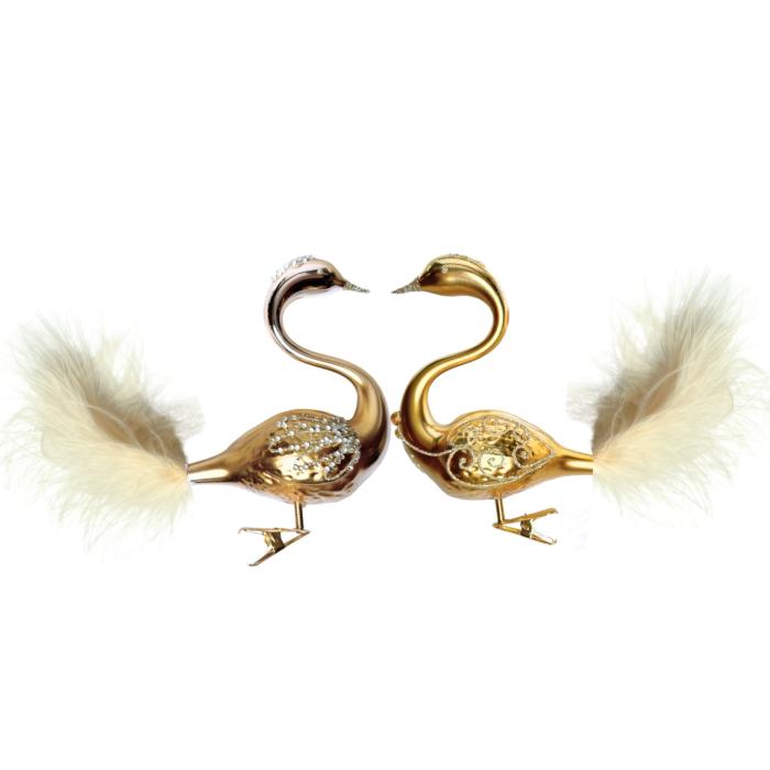 Sklenené vianočné ozdoby bielo-zlatá sada - Labutí pár zlatý s ozdobou na hlave, 2 ks