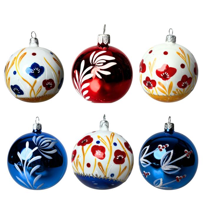 Sklenené vianočné ozdoby Domovina - Maky a pivonky, 6 ks