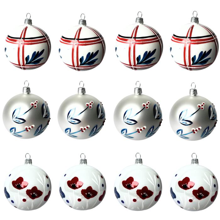 Sklenené vianočné ozdoby Domovina - Lipové stromčeky a maky, 12 ks