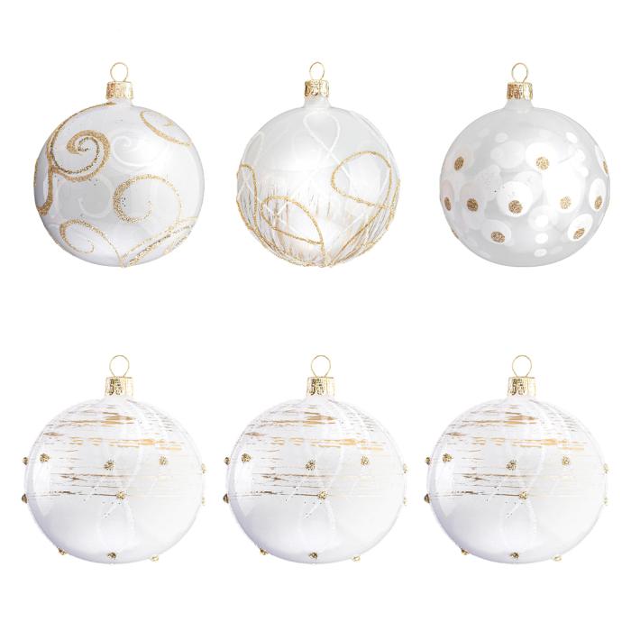 Sklenené vianočné ozdoby bielo-zlatá sada - Biele a zlaté gule s ozdobami, 6 ks