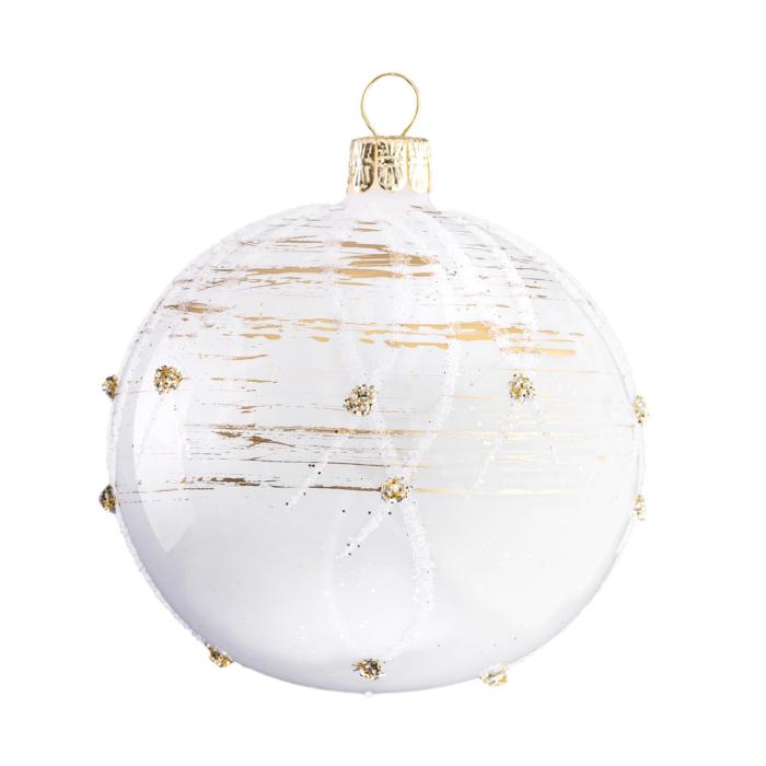 Sklenené vianočné ozdoby bielo-zlatá sada - Biele a zlaté gule s ozdobami, 6 ks